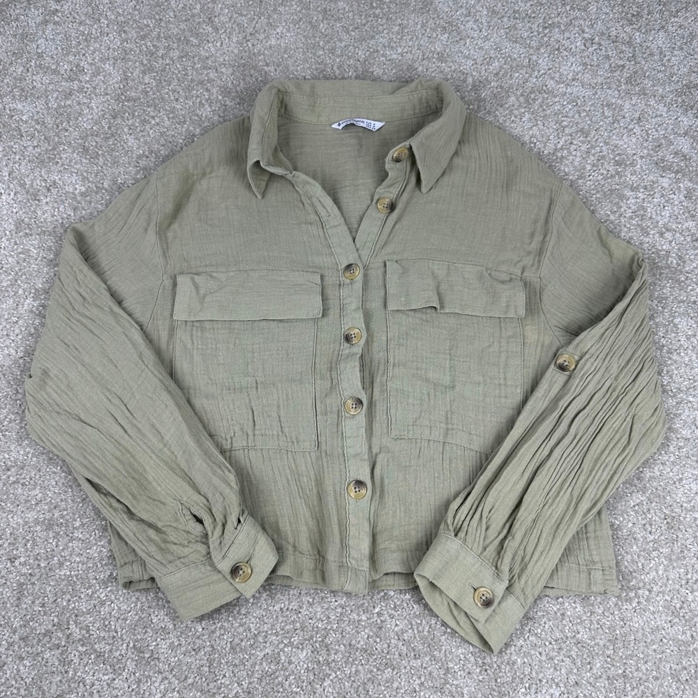 Stradivarius Sage Green Cotton Muslin Gauze Button Up Utility Shirt Jacket Sz M